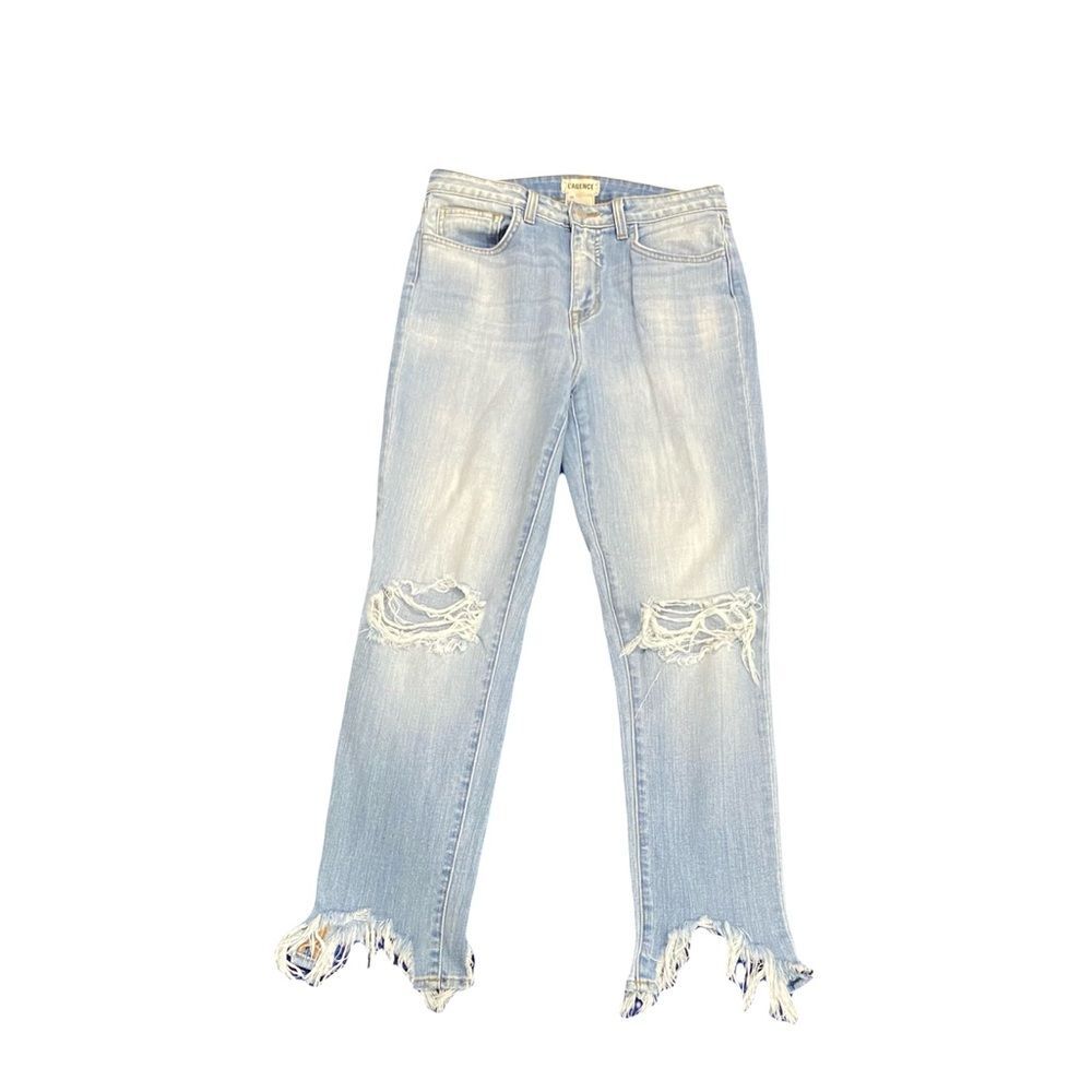 L'AGENCE Light Blue Mid Rise Raw Hem Distressed Ankle Jeans 28